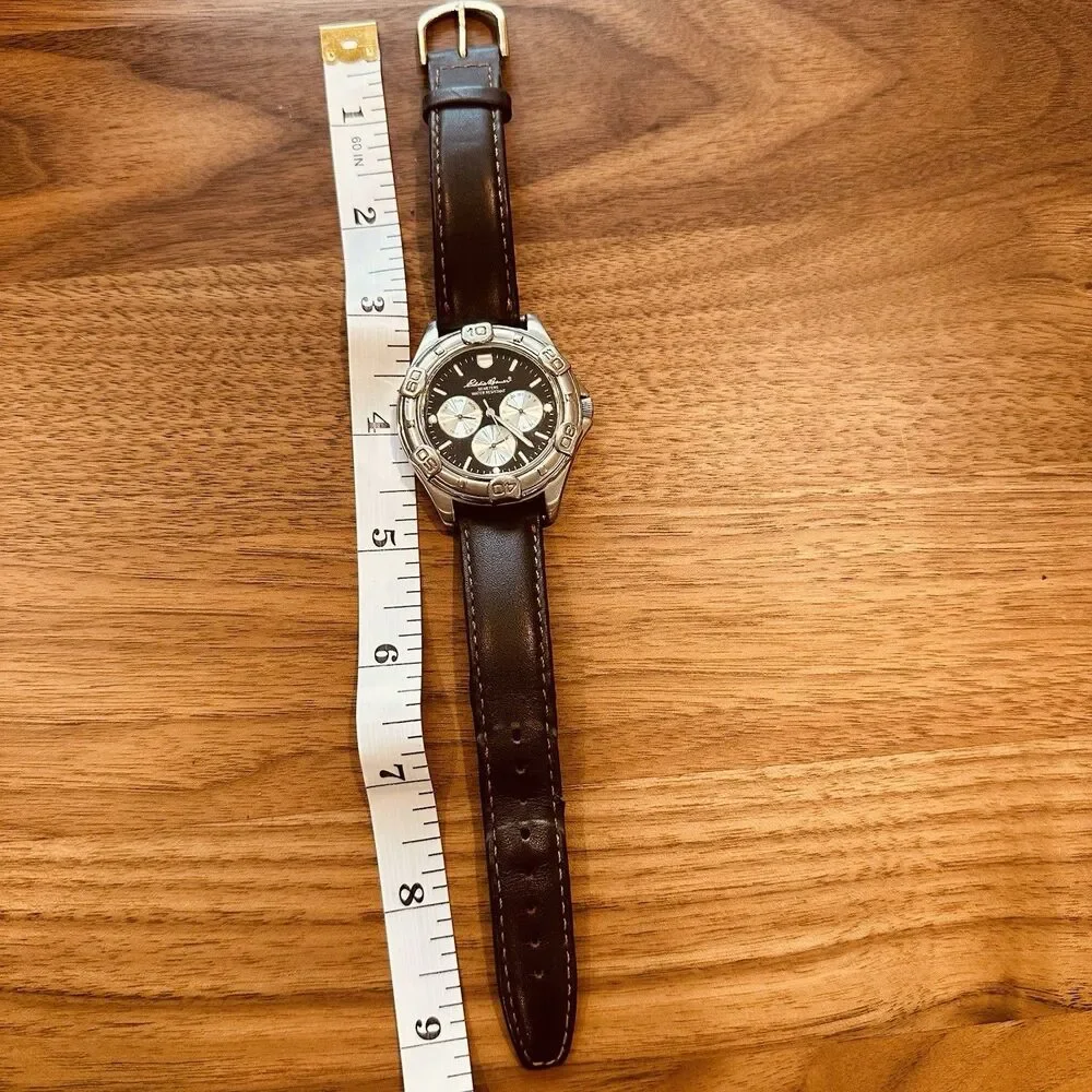 VTG Eddie Bauer Watch Men Stainless St 40mm Brown Leather Strap Day Date Quartz